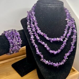 Amethyst Purple Beaded Long Wrap Necklace & Stretchy Wide Bracelet Set